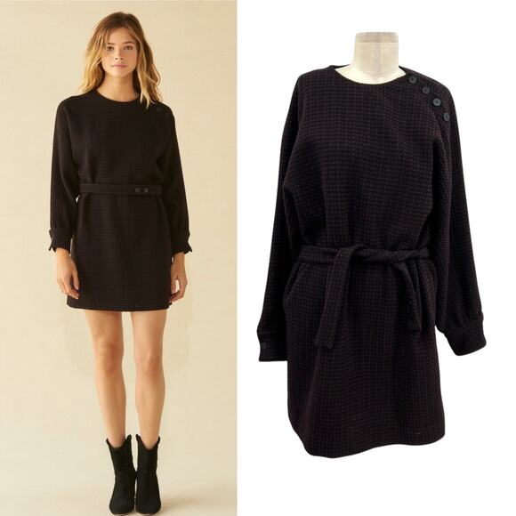 ba&sh Dimitri Dress Mini Sweater Belted Jacquard Black Red‎ Size 3 US 10 - Picture 1 of 14